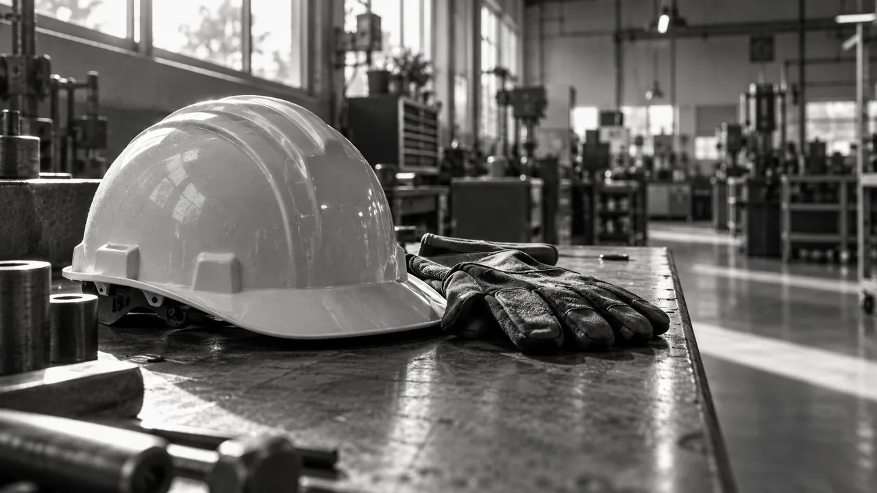 Capacete de segurança e luvas de trabalho sobre bancada de fábrica