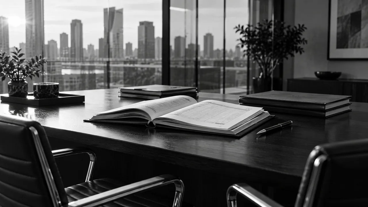 Sala de reunião com livro societário aberto sobre a mesa e vista da cidade ao fundo